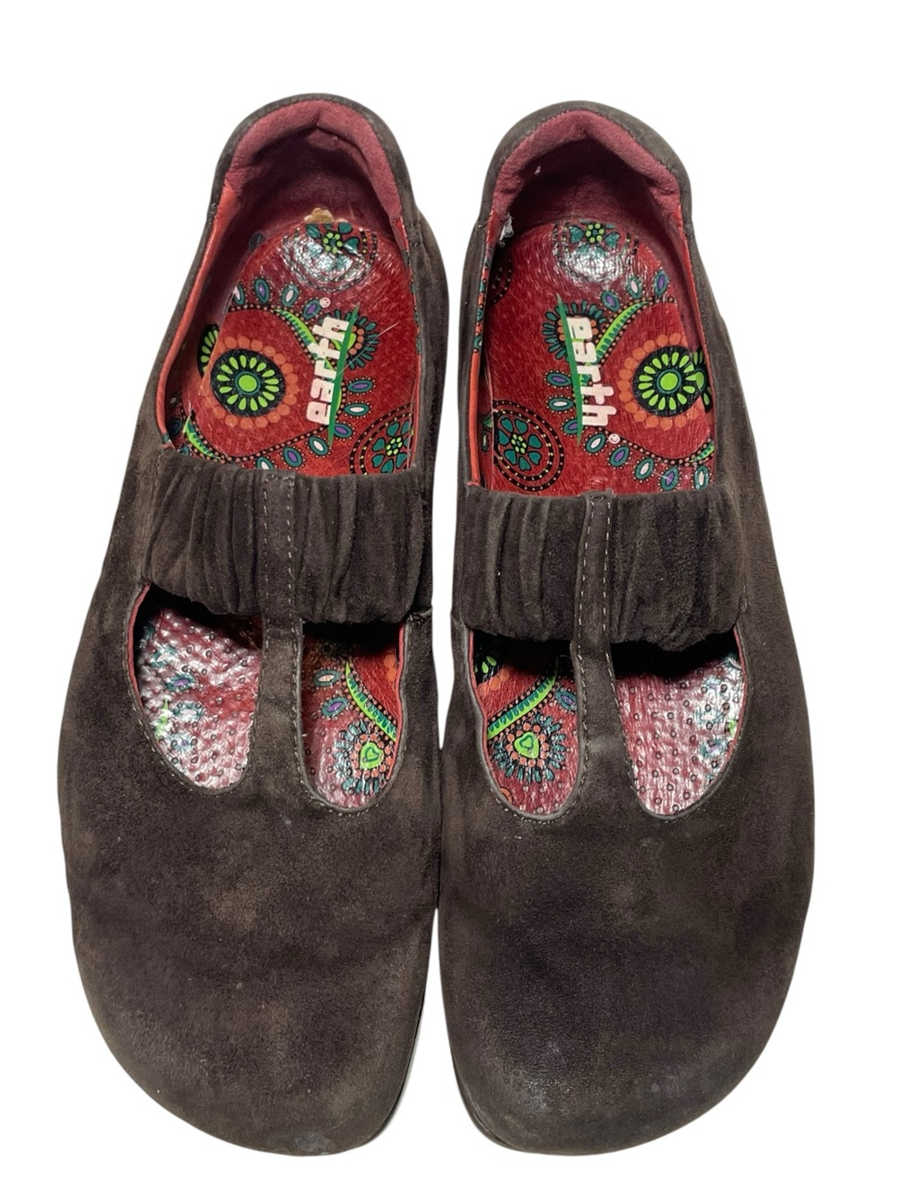 Earth Laurel Coffee Brown Suede Mary Janes Patterned Red Insole Women's Size 8.5